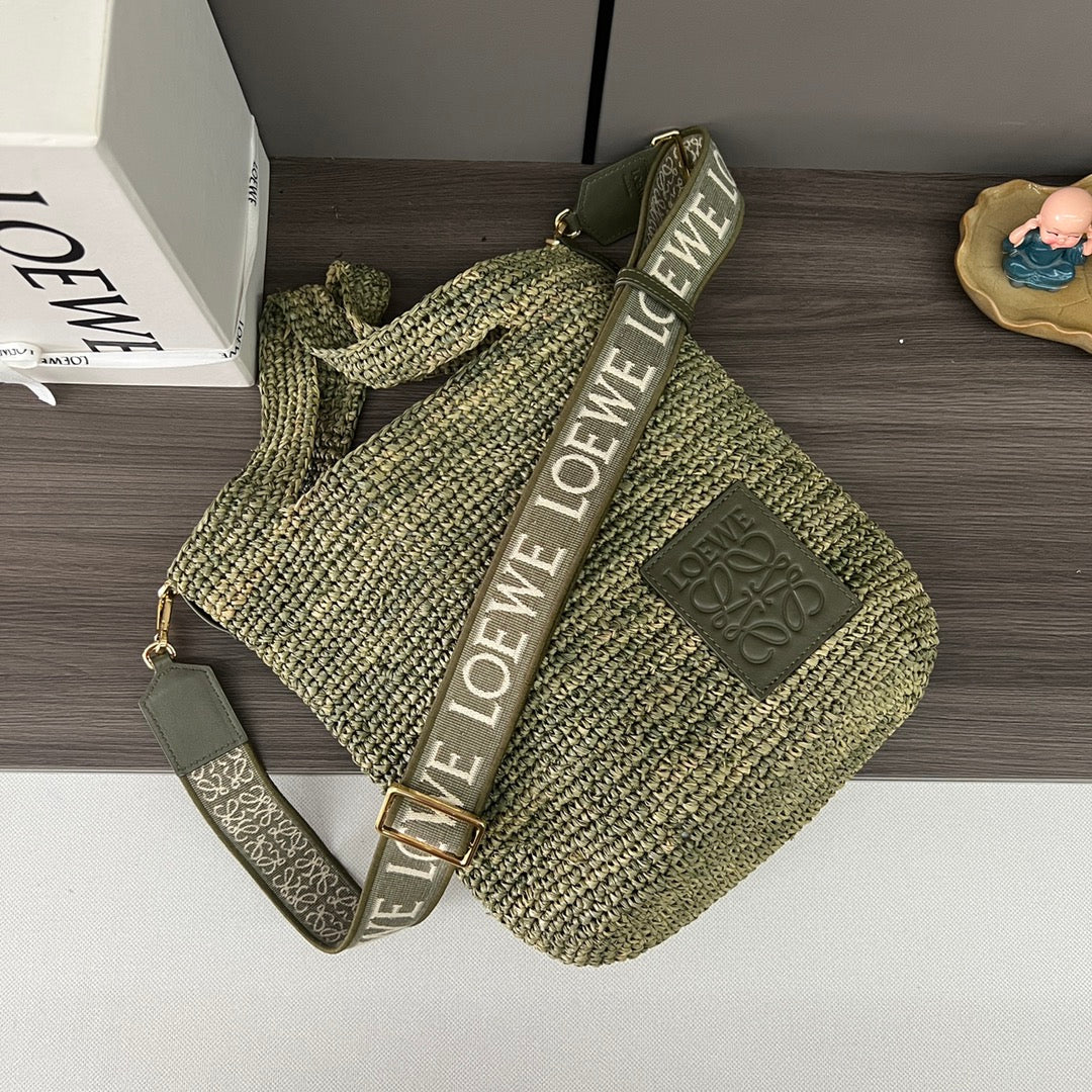 Loewe Ibiza Mini Slit Raffia Tote Bag 30cm Olive Raffia Leather