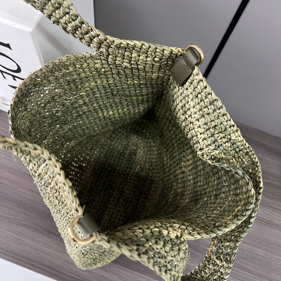 Loewe Ibiza Mini Slit Raffia Tote Bag 30cm Olive Raffia Leather