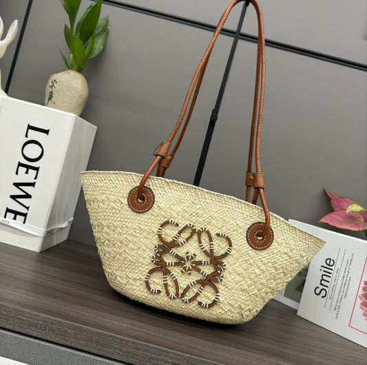 Loewe Small Anagram Basket Bag Brown Light Beige Iraca Palm And Calfskin