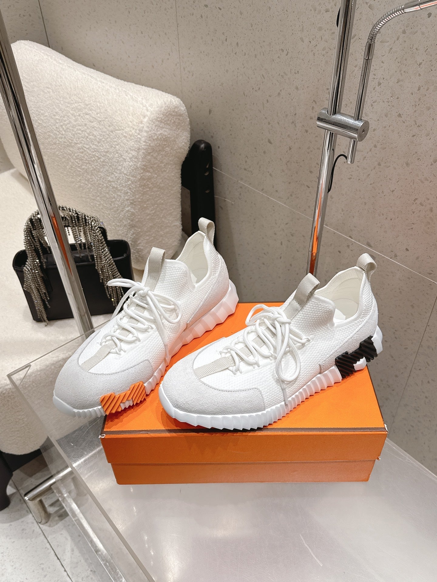 HM Lift Slip-On Sneaker White Orange Black Fabric Suede 608248