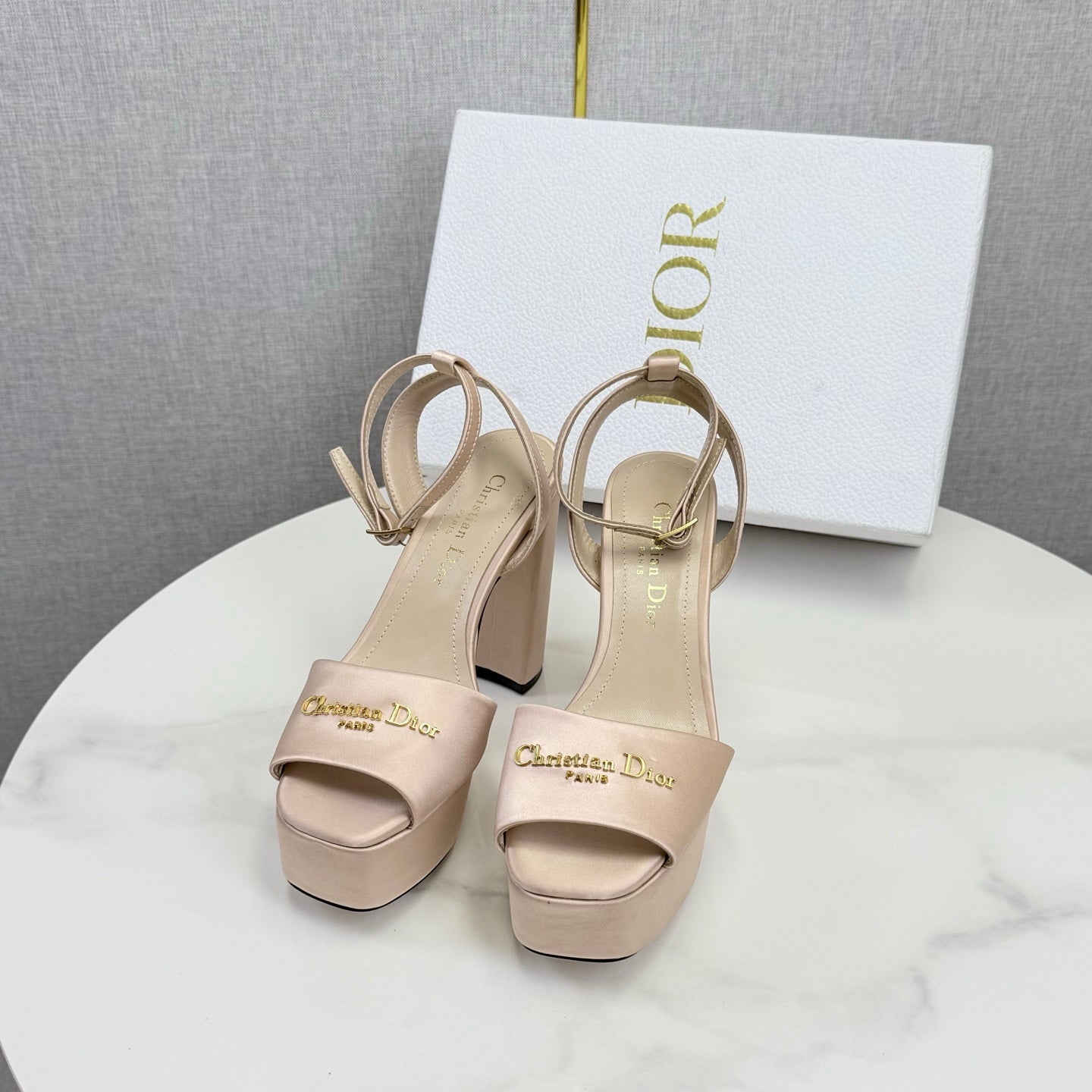 CD 26s Platform Sandals 80 Beige Satin Sheepskin 640230