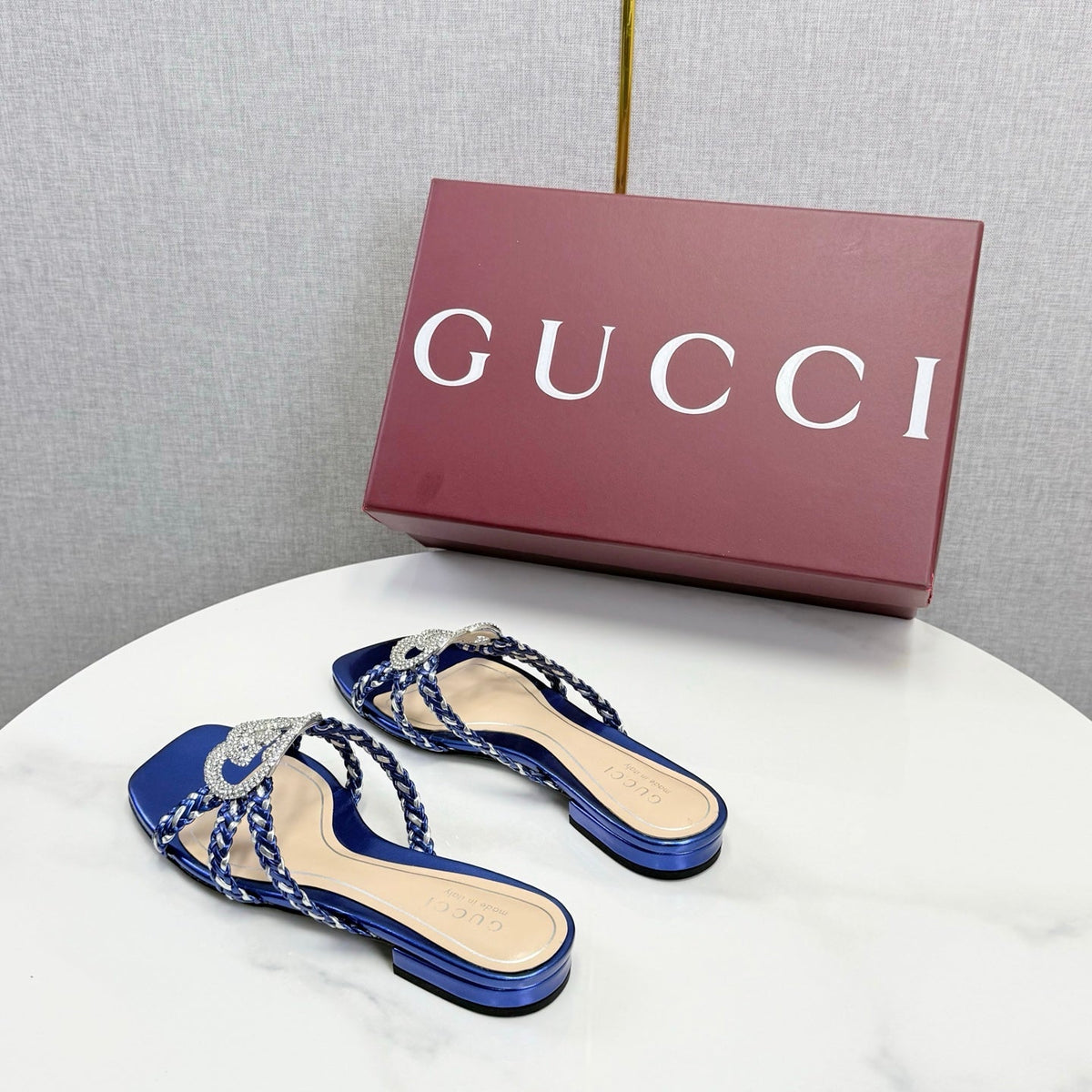 GG 26s Slippers With Crystal Interlocking G Dark Blue Leather 639932