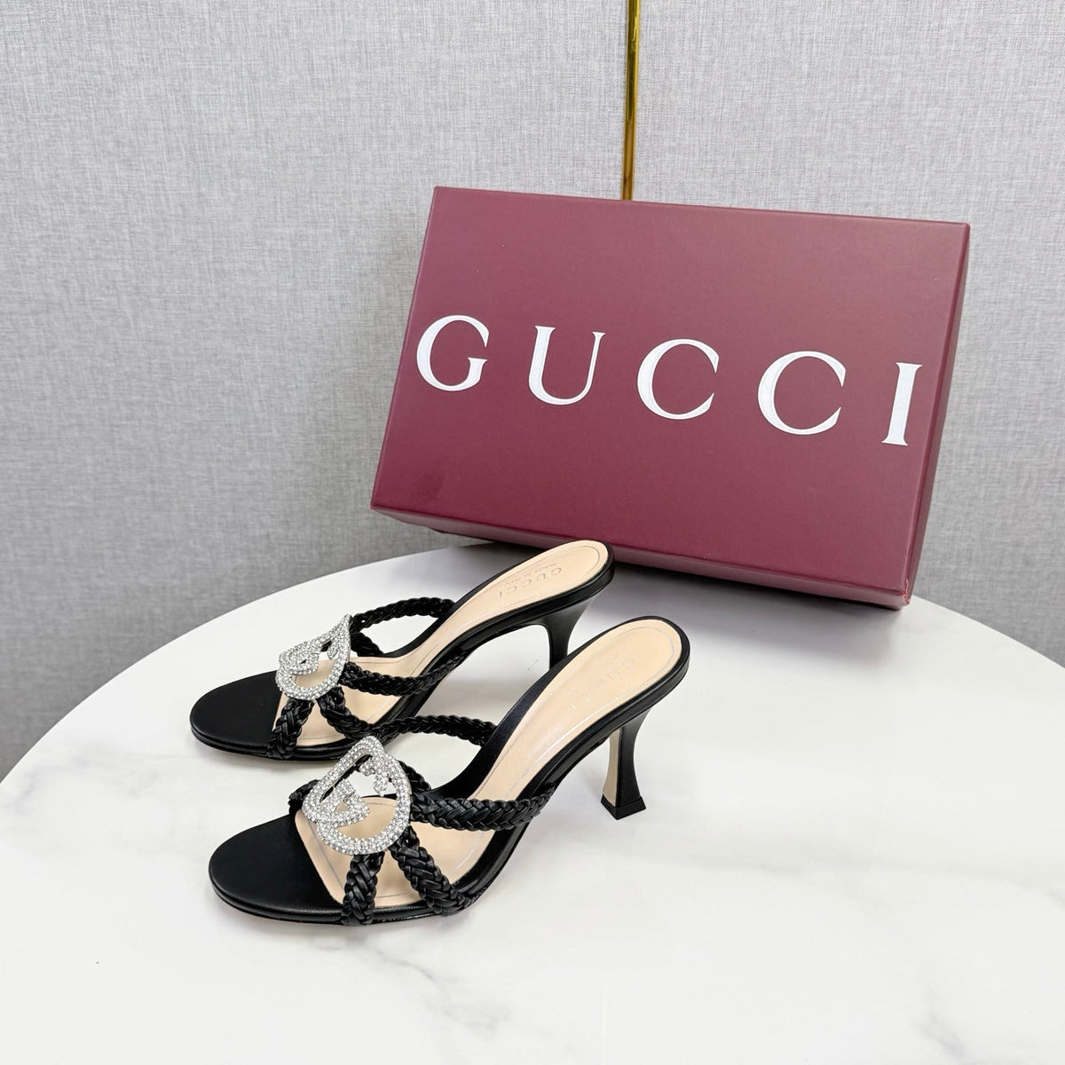 GG 26s Sandals 6.5cm With Crystal Interlocking G Black Leather 639948
