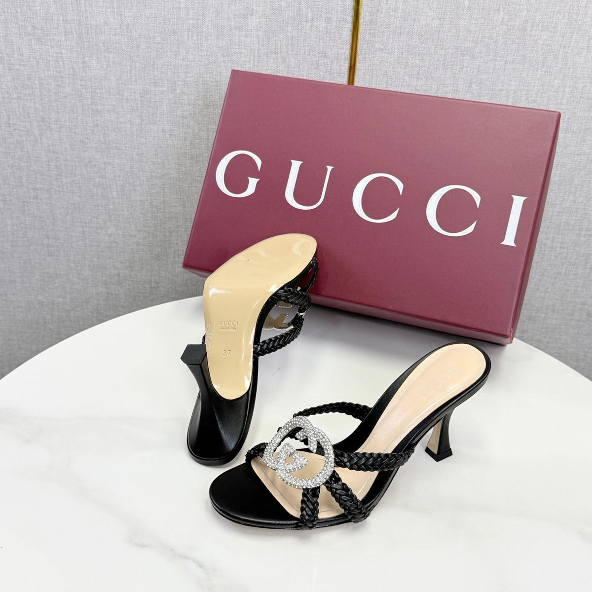 GG 26s Sandals 6.5cm With Crystal Interlocking G Black Leather 639948
