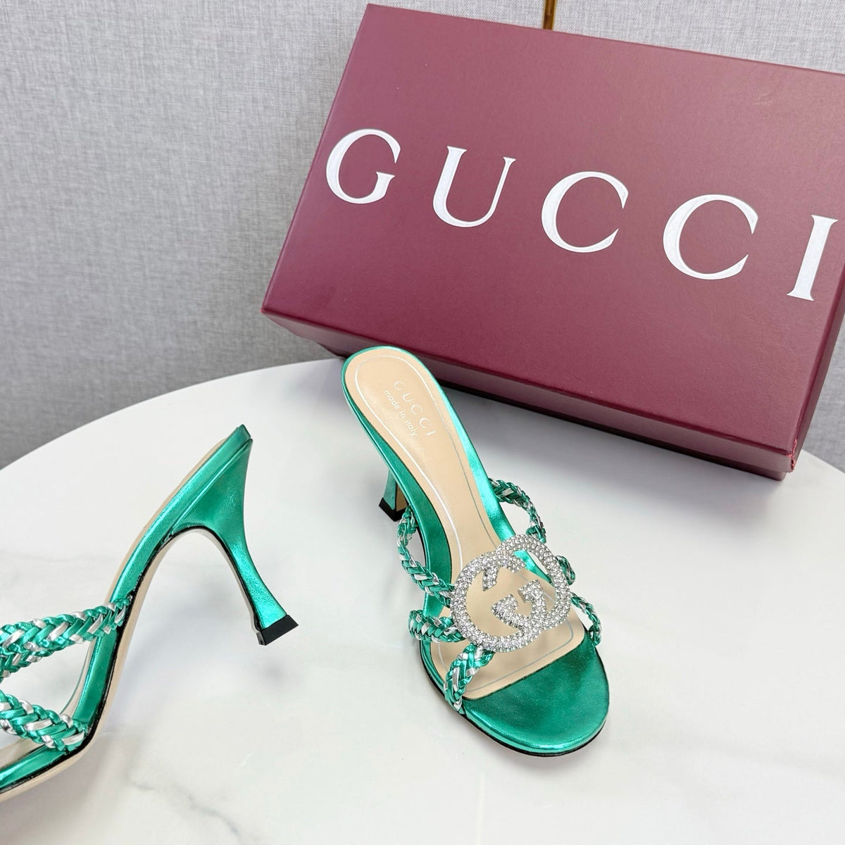 GG 26s Sandals 6.5cm With Crystal Interlocking G Teal Green Leather 639951