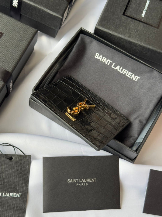 YSL Card Holder 10cm Wallet Black Gold Crocodile Leather 240550