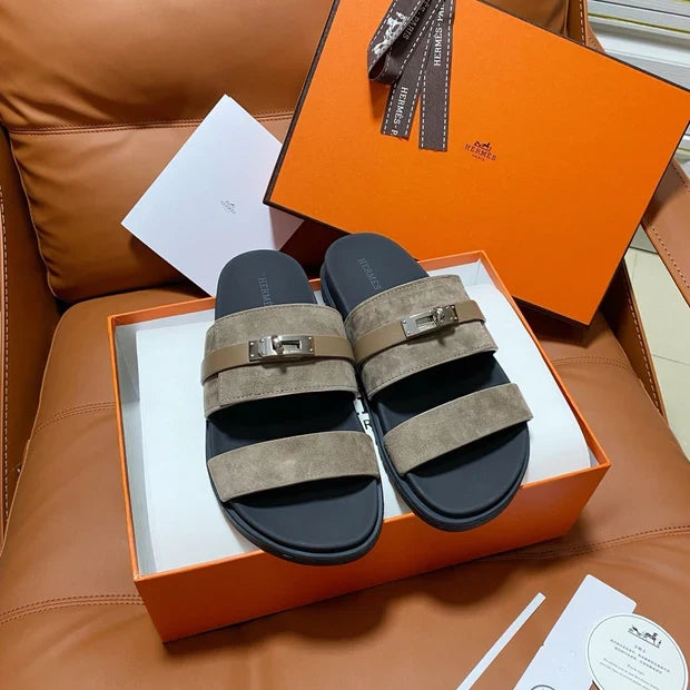 HM 2026 Velcro Sandals Black Taupe Suede Cowhide 663786
