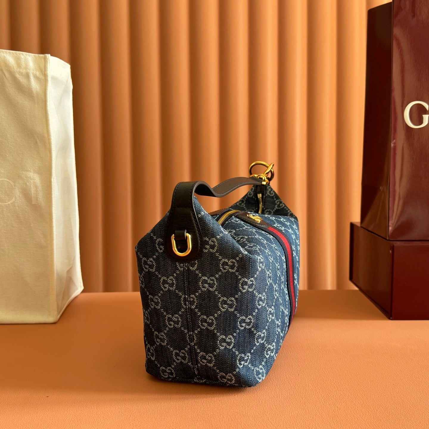 Gucci 2026 Vanity GG-Canvas Top Handle Bag 27.5cm Blue Denim Leather 277185