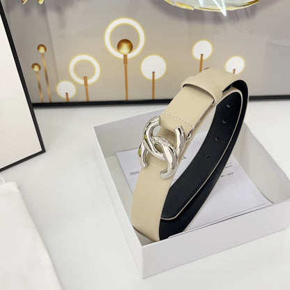 CHANEL DOUBLE C BELT 30MM IN BEIGE CALFSKIN WITH SHINY SILVER BUCKLE