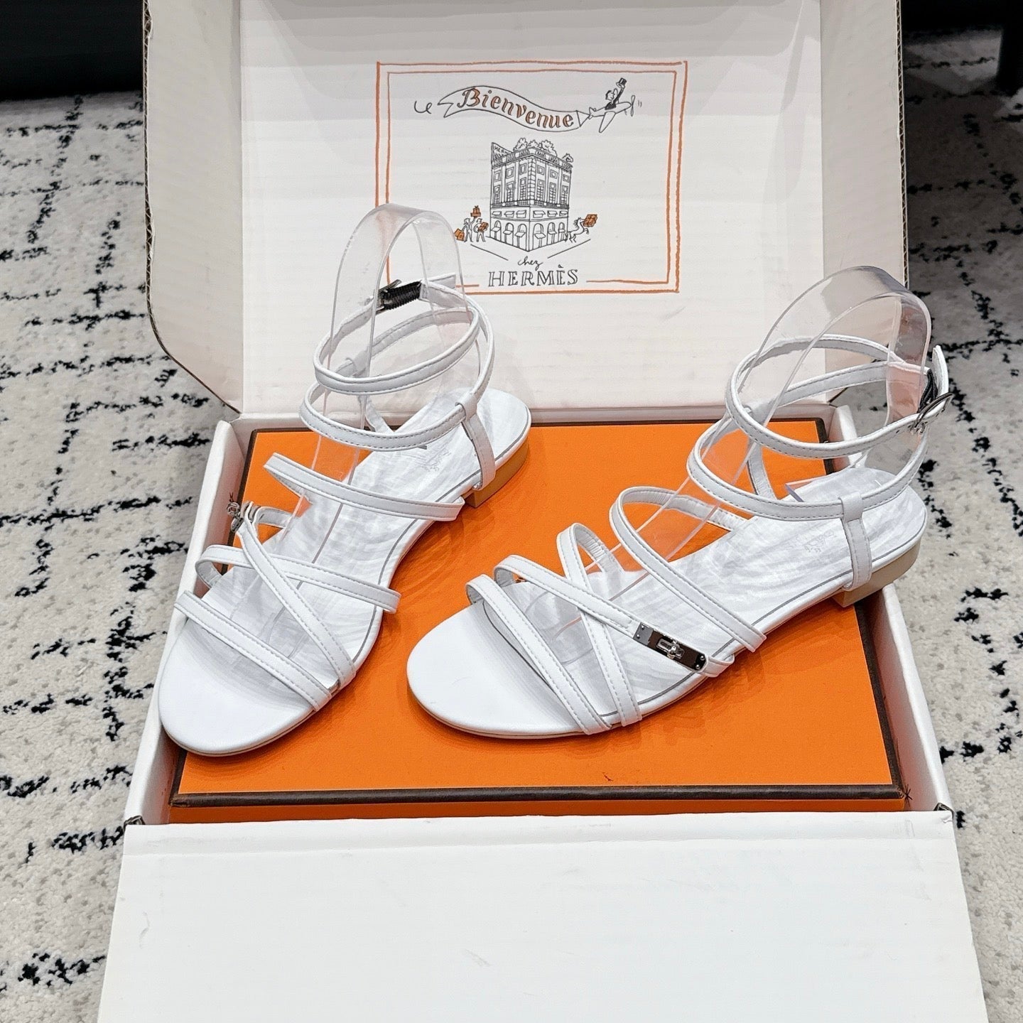 HM 26s Strappy Sandals In White Calfskin Silver Hardware