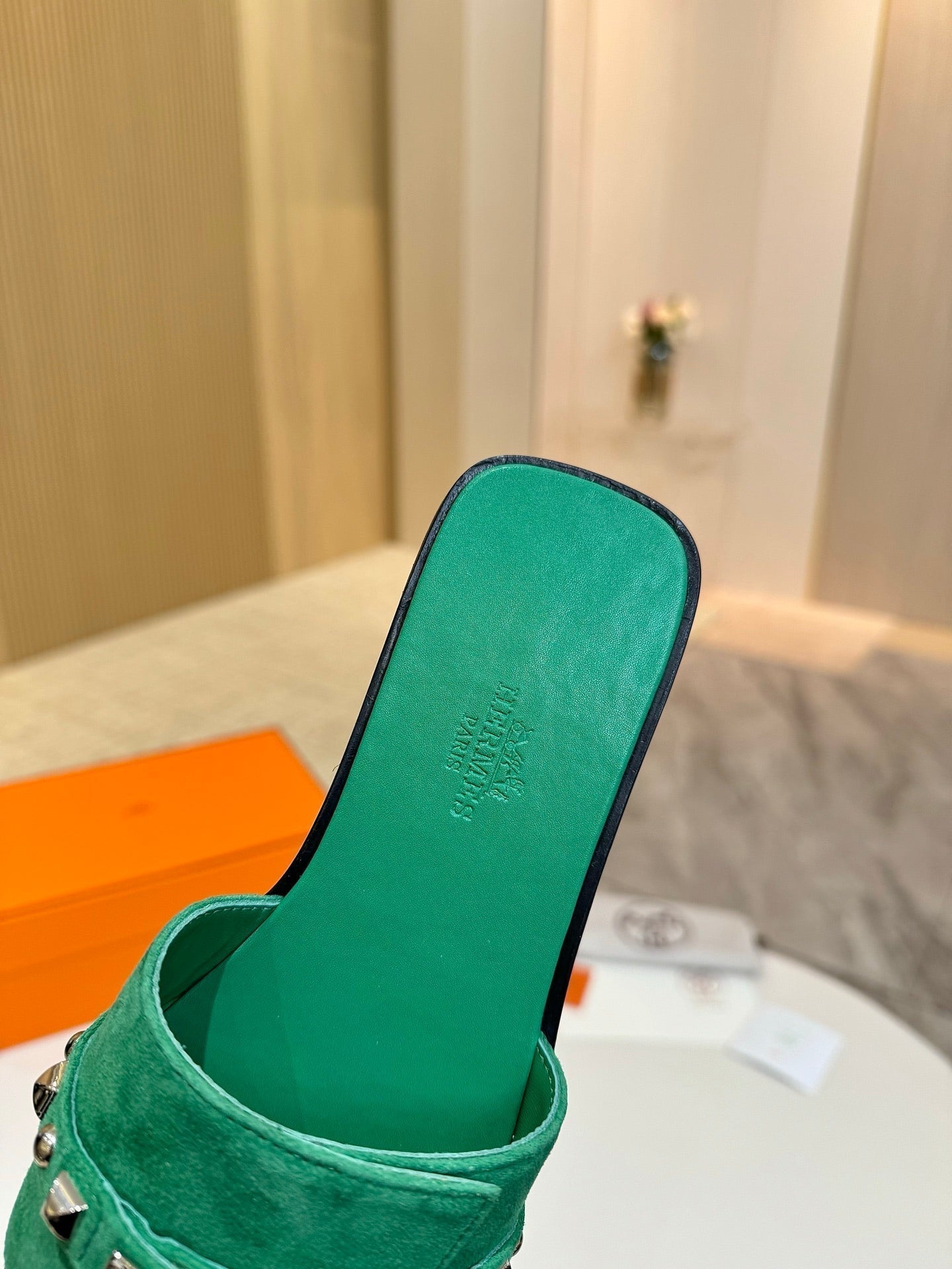 HM 26s Giulia Sandal In Green Suede And Calfskin Silver Hardware