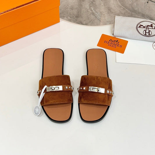 HM 26s Giulia Sandal In Caramel Brown Suede And Calfskin Silver Hardware