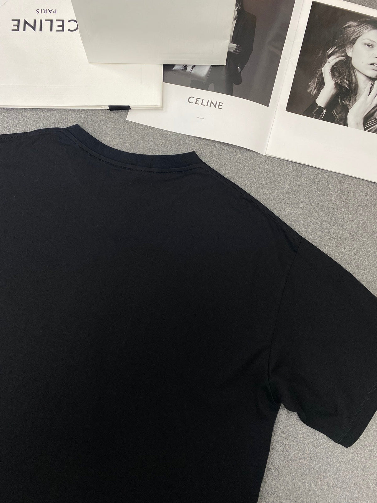 Celine Gothic Embroidered Plain Loose T-shirt Black Cotton