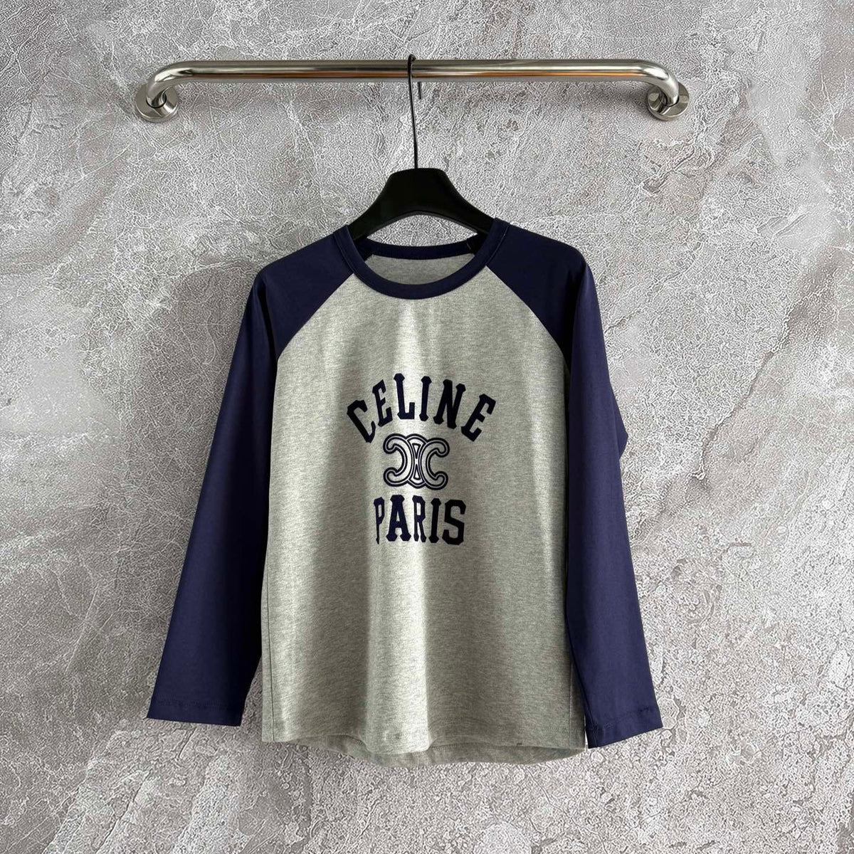 Celine 25 Flocked T-shirt Gray mix Navy Blue Cotton
