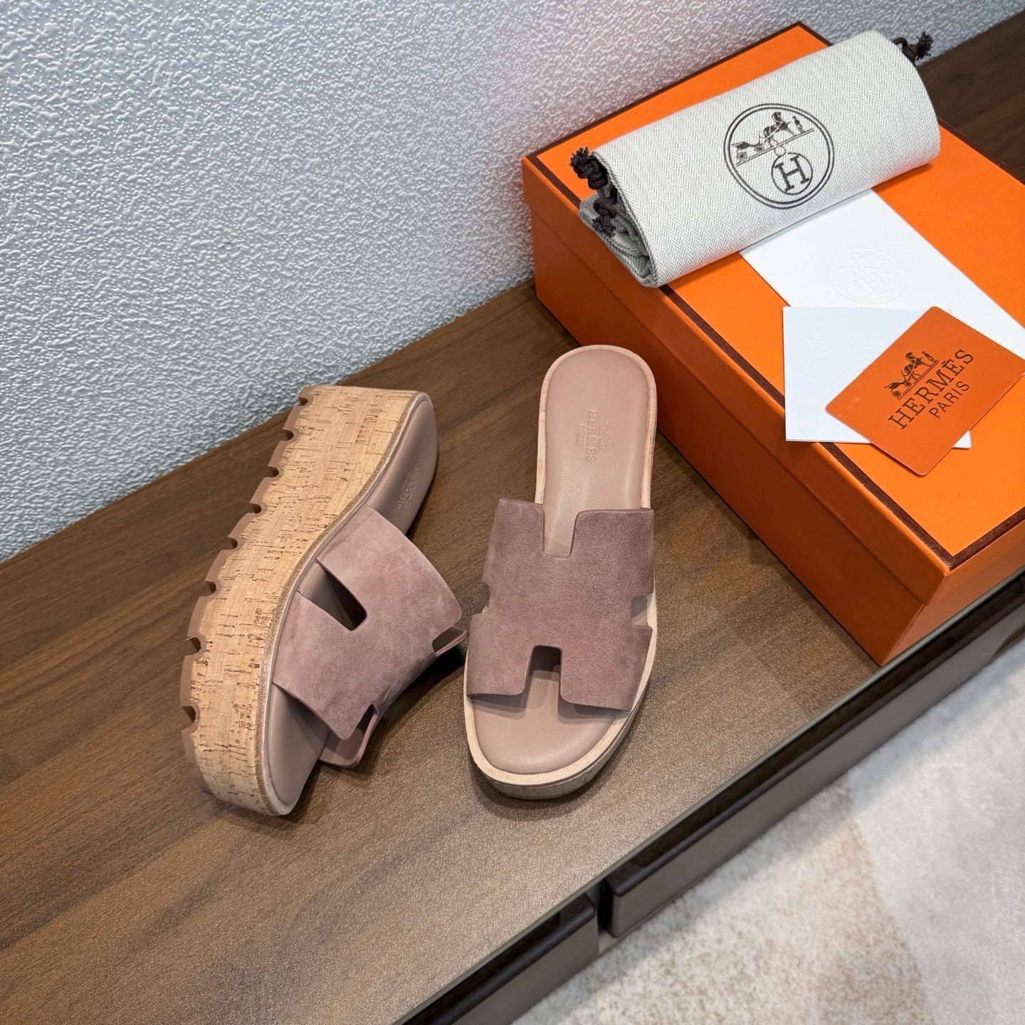 HM 26s H Cut Platform Slides In Rose Brown Suede Cork Sole