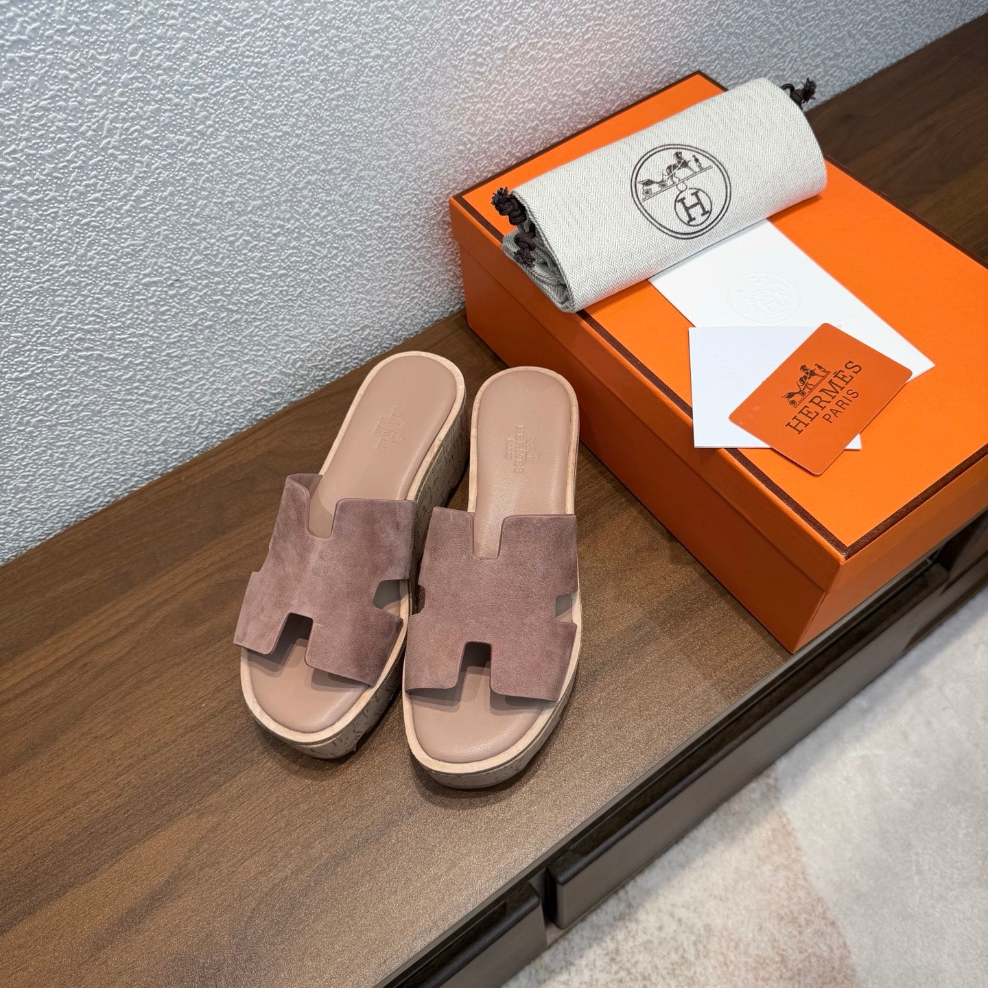 HM 26s H Cut Platform Slides In Rose Brown Suede Cork Sole