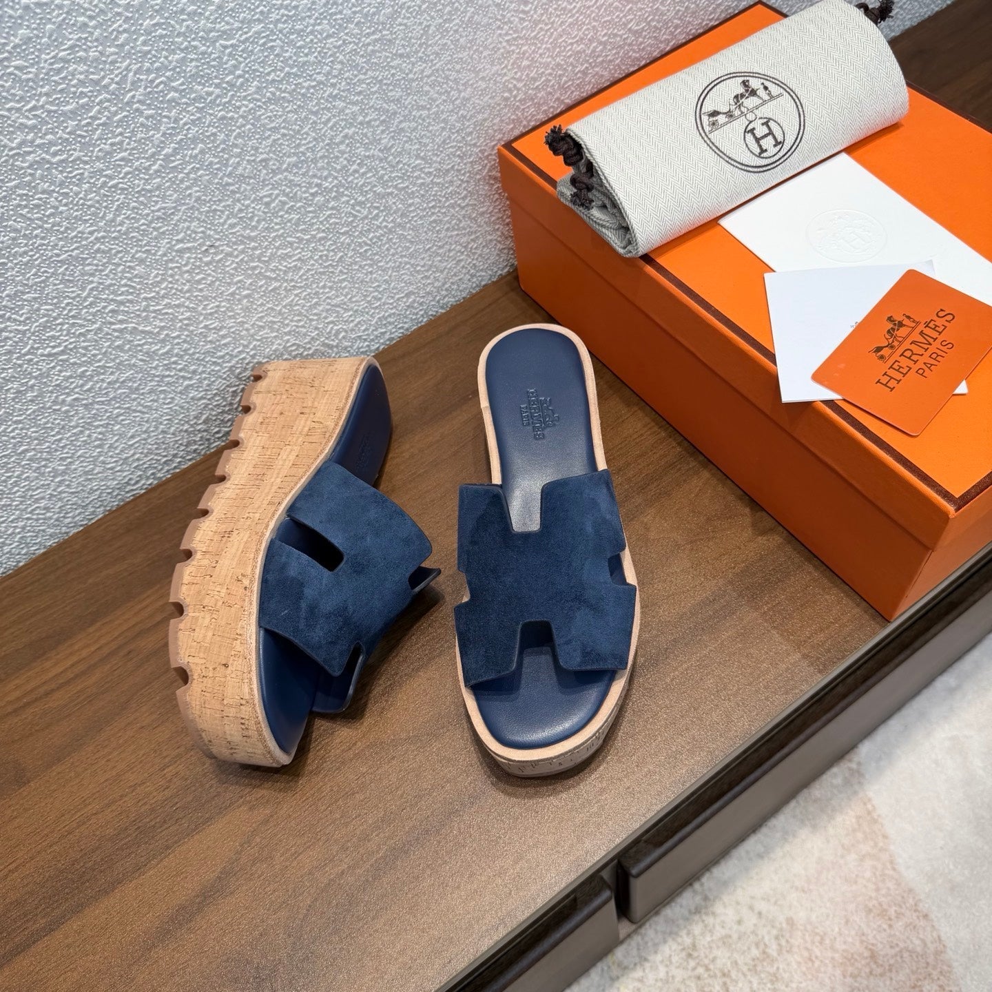 HM 26s H Cut Platform Slides In Navy Blue Suede Cork Sole