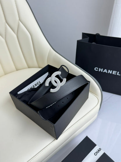 CHANEL BELT 30MM IN BLACK SMOOTH CALFSKIN SILVER HARDWARE ATTACH PEARLS
