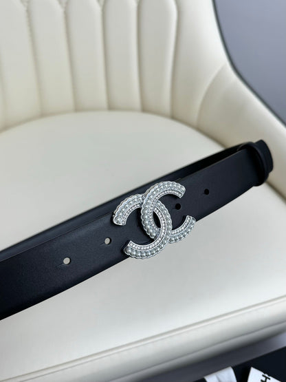 CHANEL BELT 30MM IN BLACK SMOOTH CALFSKIN SILVER HARDWARE ATTACH PEARLS