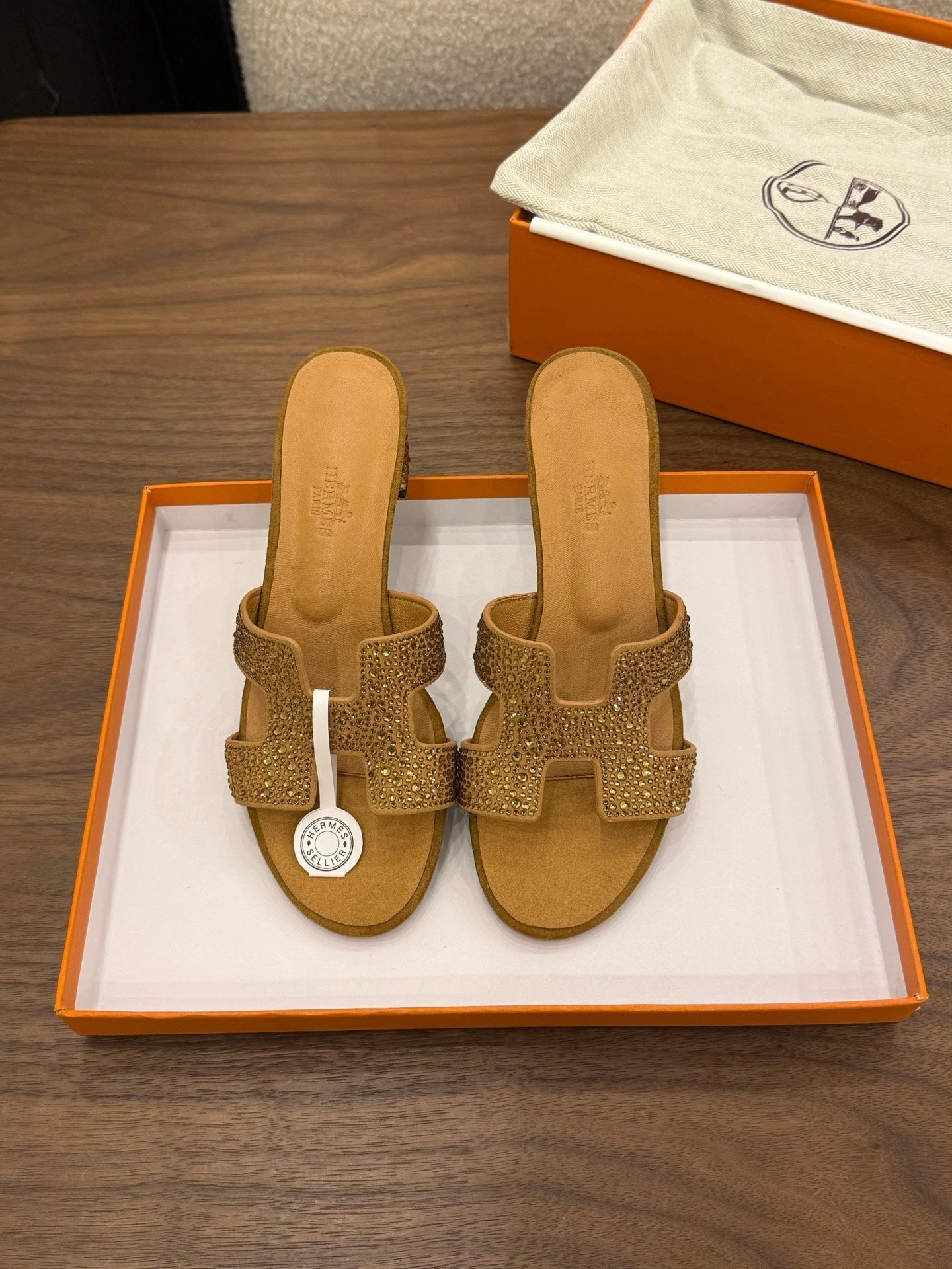 HM 26s Oasis Sandal In Golden Brown Suede With Crystals