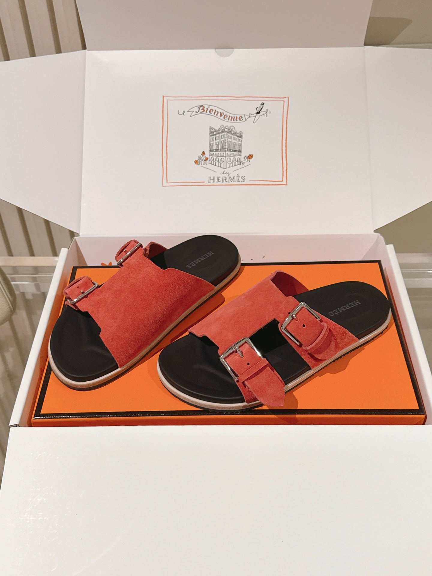 HM 26s Double Buckle Birkenstock Sandals Orange Suede 968907
