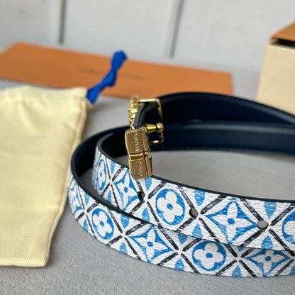 LOUIS VUITTON LV Circle Nautical 20mm Reversible Belt Gold Buckle Black White Blue Lambskin