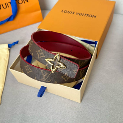 LOUIS VUITTON LV Flowergram 30mm Reversible Belt Gold Buckle Burgundy Brown Leather
