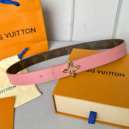 LOUIS VUITTON LV Flowergram 30mm Reversible Belt Gold Buckle Pink Brown Leather