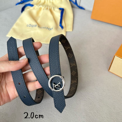 LOUIS VUITTON LV Circle 20mm Reversible Belt Silver Buckle Navy Blue Brown Leather