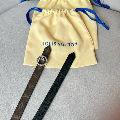 LOUIS VUITTON LV Circle 20mm Reversible Belt Silver Buckle Black Brown Leather
