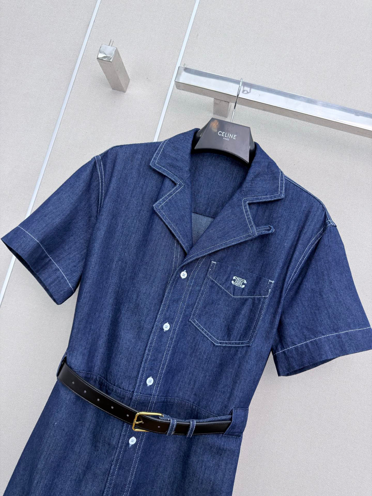 Celine Short-Sleeved Denim Shirt Dress 394267