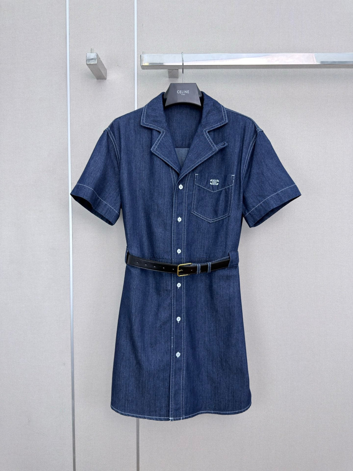Celine Short-Sleeved Denim Shirt Dress 394267