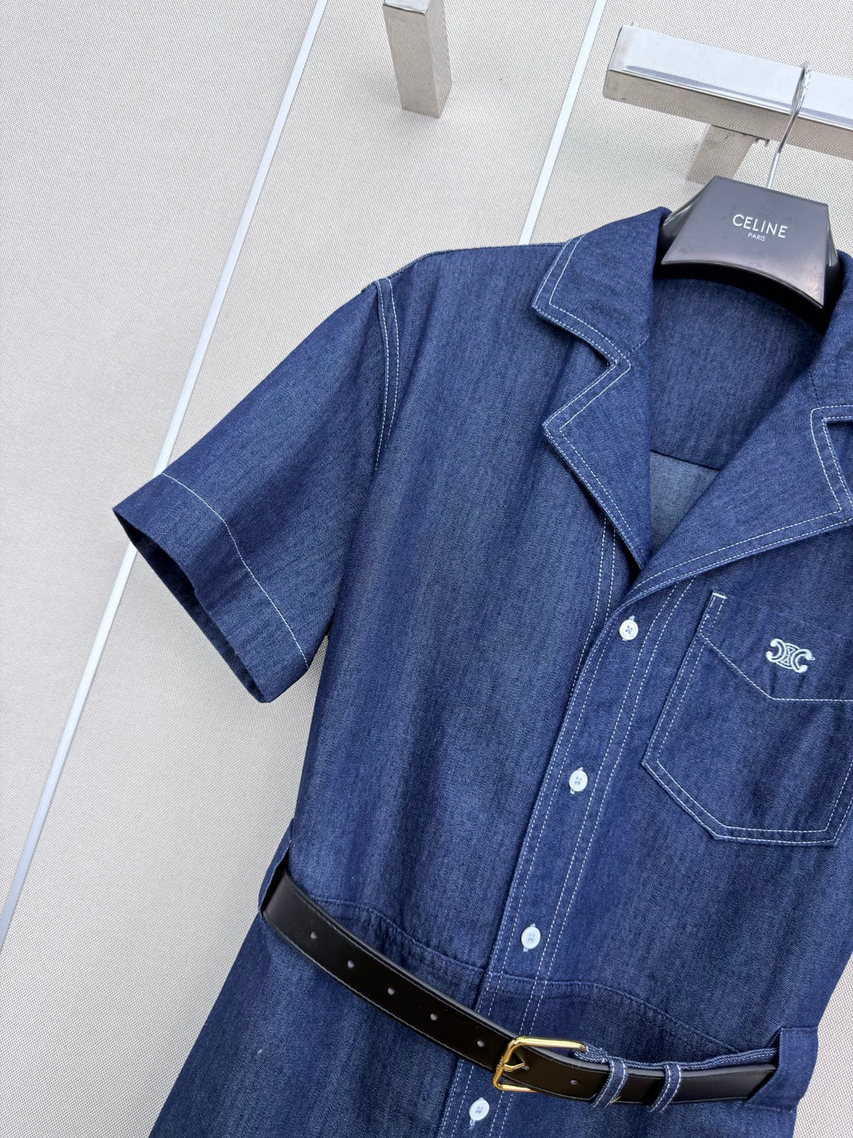Celine Short-Sleeved Denim Shirt Dress 394267