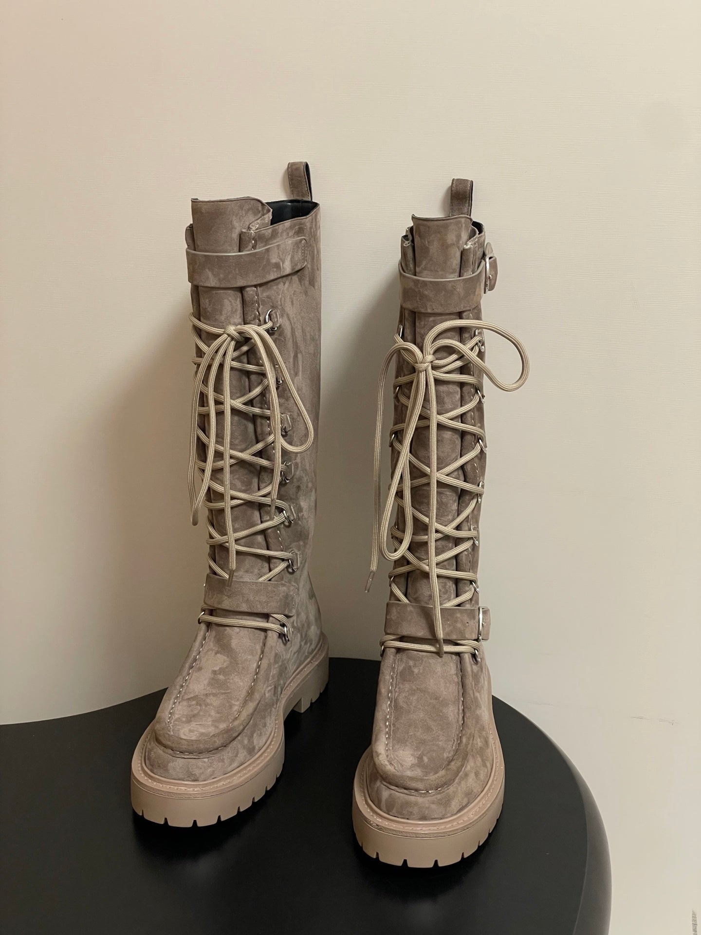 HM Lace Up Boots 25mm Belt Buckle Taupe Suede