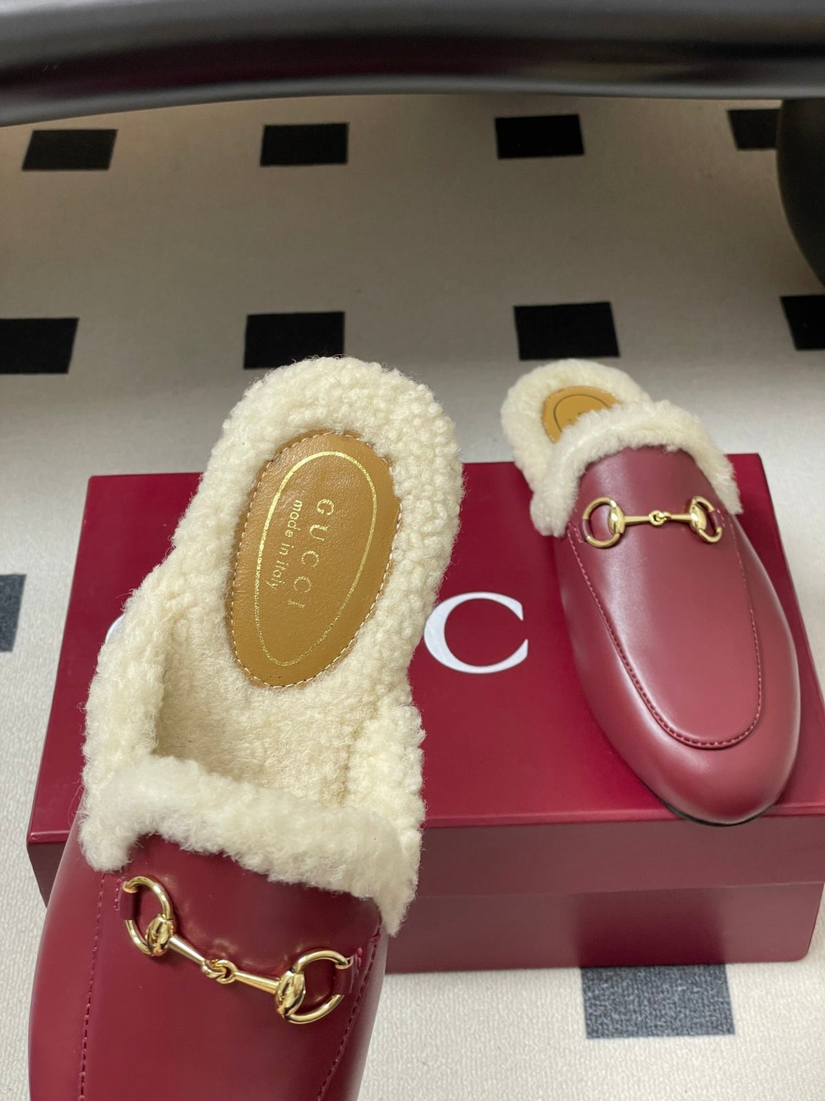 GG horsebit flat mules red cowhide 534711