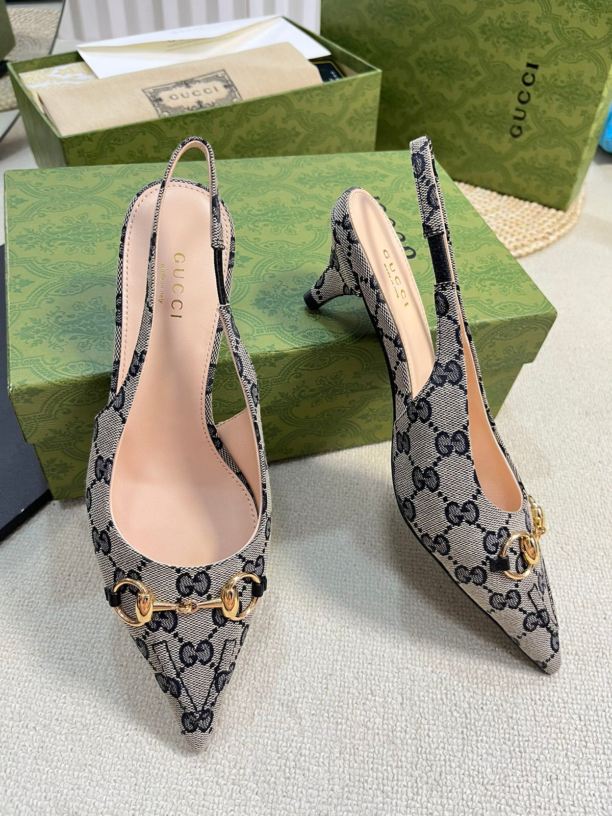 GC Horsebit Slingback Pump 50mm Beige mix Blue Canvas Sheepskin 294559