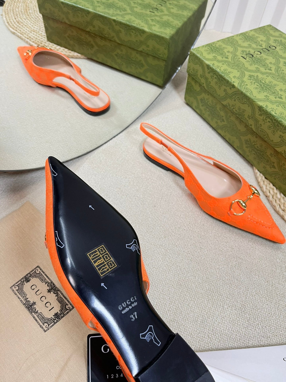 GC Horsebit Slingback Pump 10mm Orange Canvas Sheepskin 294540