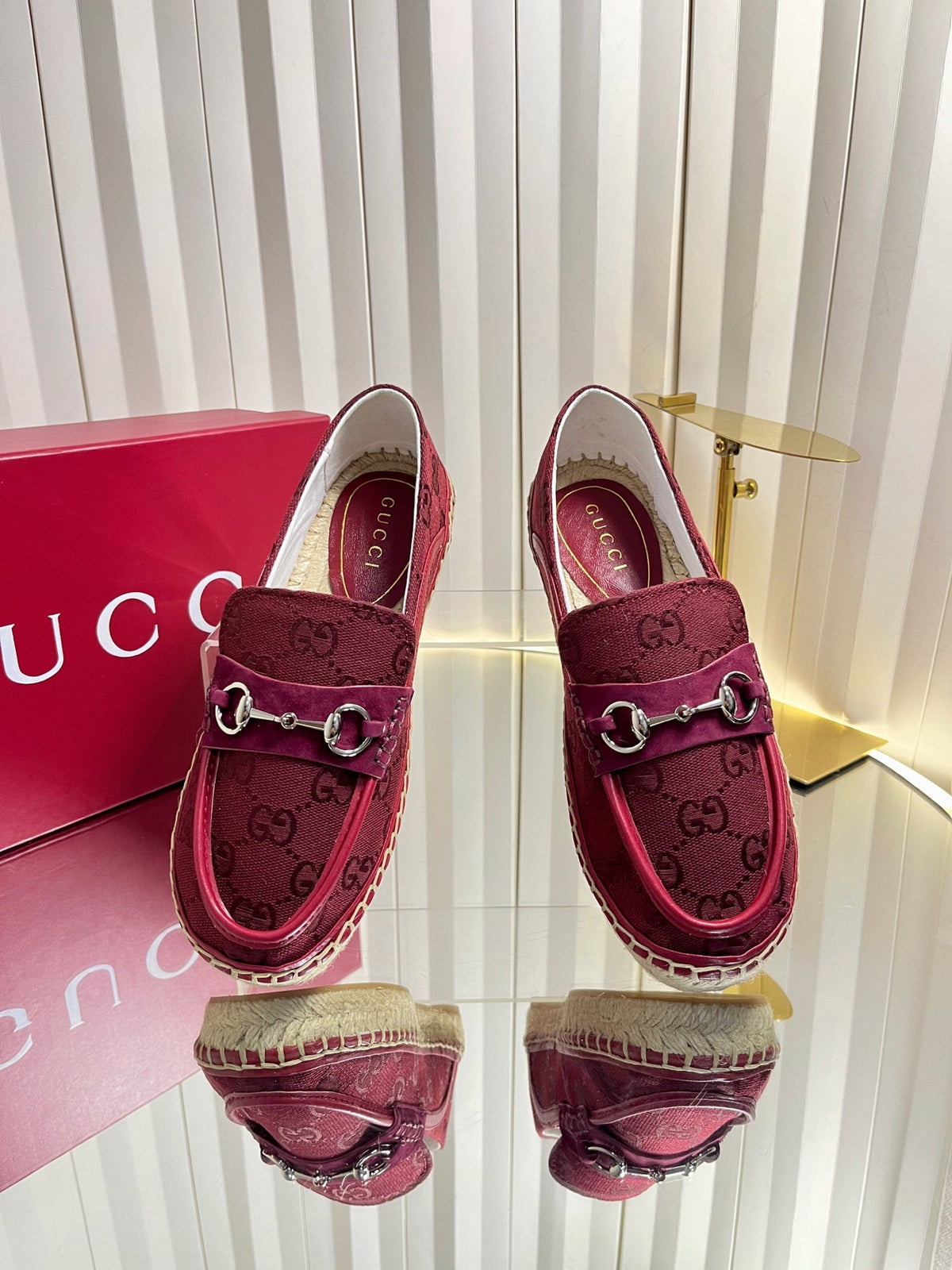 GG 26s Horsebit Espadrilles Flat Burgundy Canvas Suede 768177