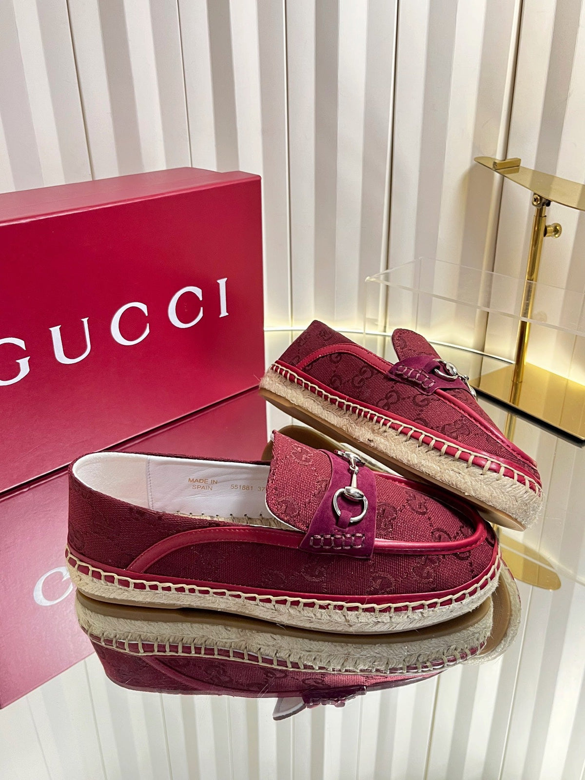 GG 26s Horsebit Espadrilles Flat Burgundy Canvas Suede 768177