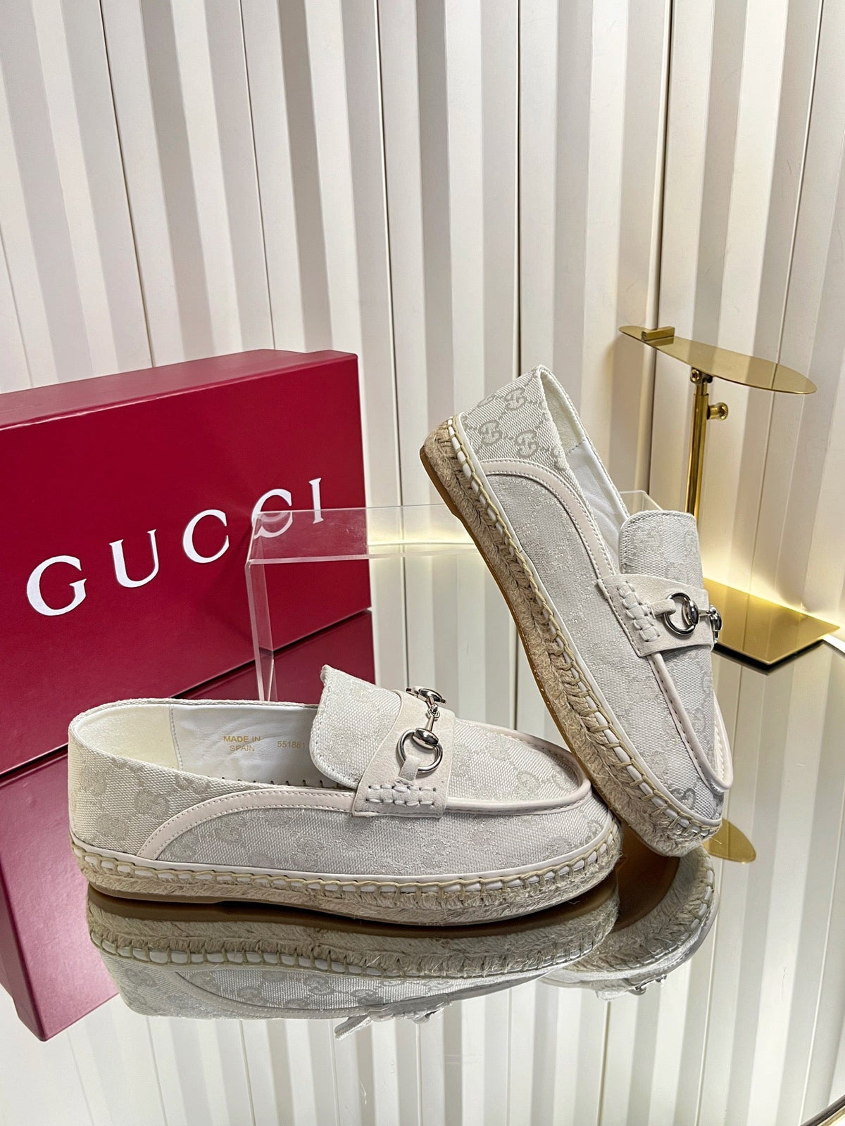 GG 26s Horsebit Espadrilles Flat Light Grey Canvas Suede 768178