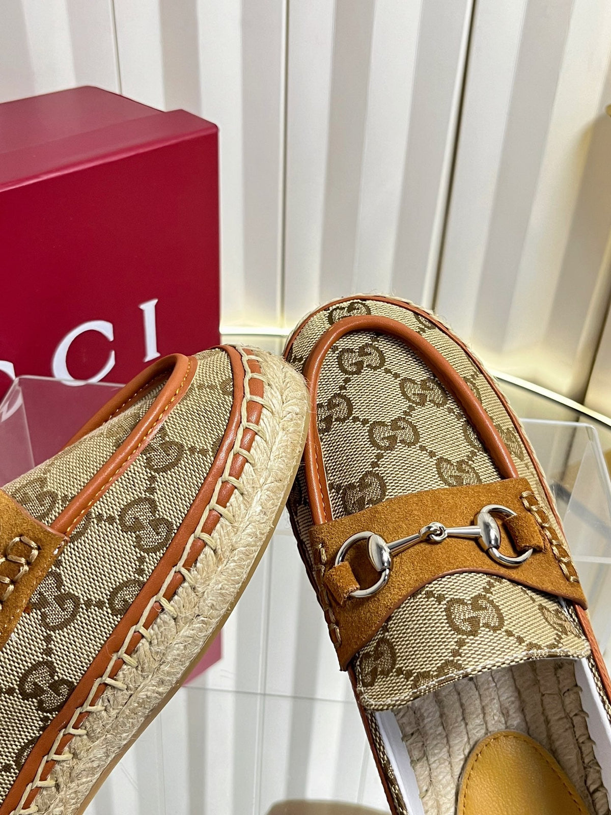 GG 26s Horsebit Espadrilles Flat Beige Brown Canvas Suede 768179