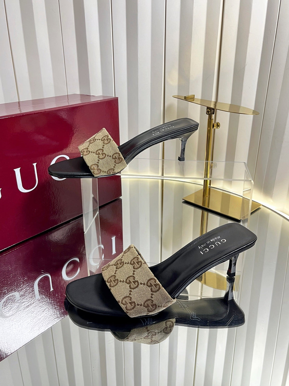 GG 26s Bombshell Crystal Sandal 5cm Black Beige Canvas Leather 768157