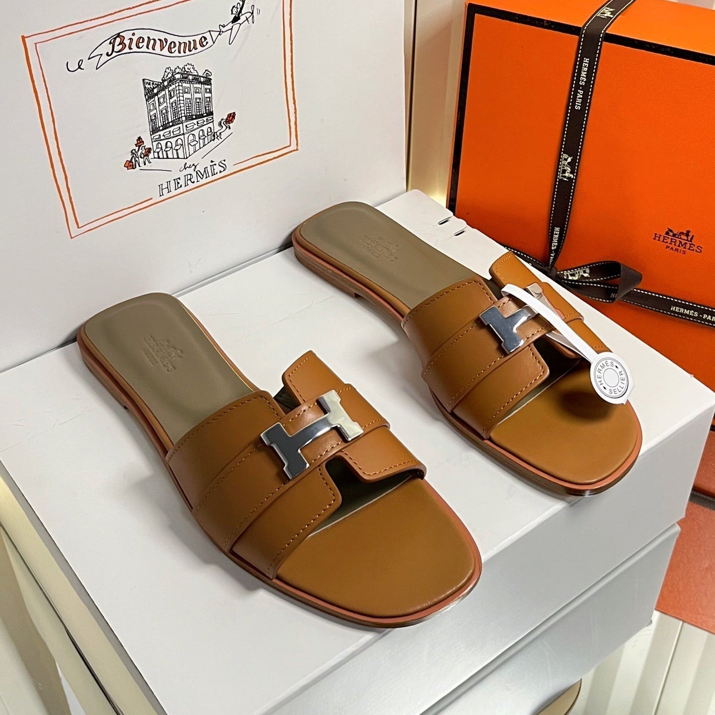 HM 26s Oran Sandals In Caramel Brown Calfskin Silver Hardware