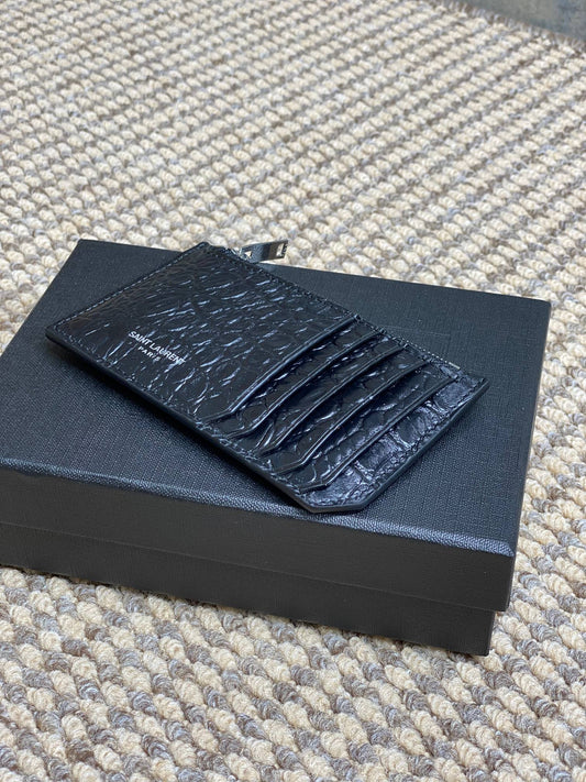 YSL Zip Card Case Black Croc Embossed Leather