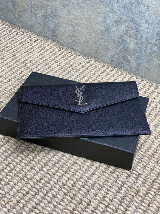 YSL 22s Uptown Pouch Clutch Bag Black Cowhide Sliver HW