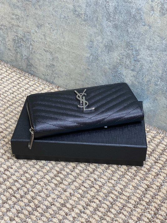 YSL Zippy Long Wallet Black Caviar Cowhide Sliver HW