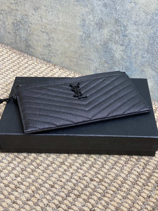 YSL Black Hardware Logo Zipper Clutch 23cm Black Caviar Cowhide