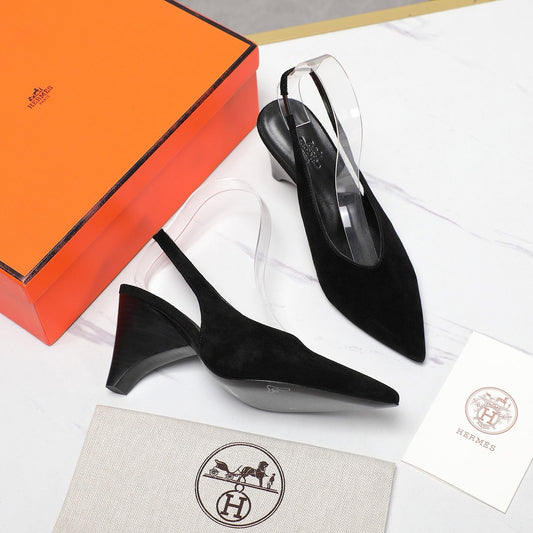 HM  Classic High-Heeled Slingback 70mm Black Suede Sheepskin 547643
