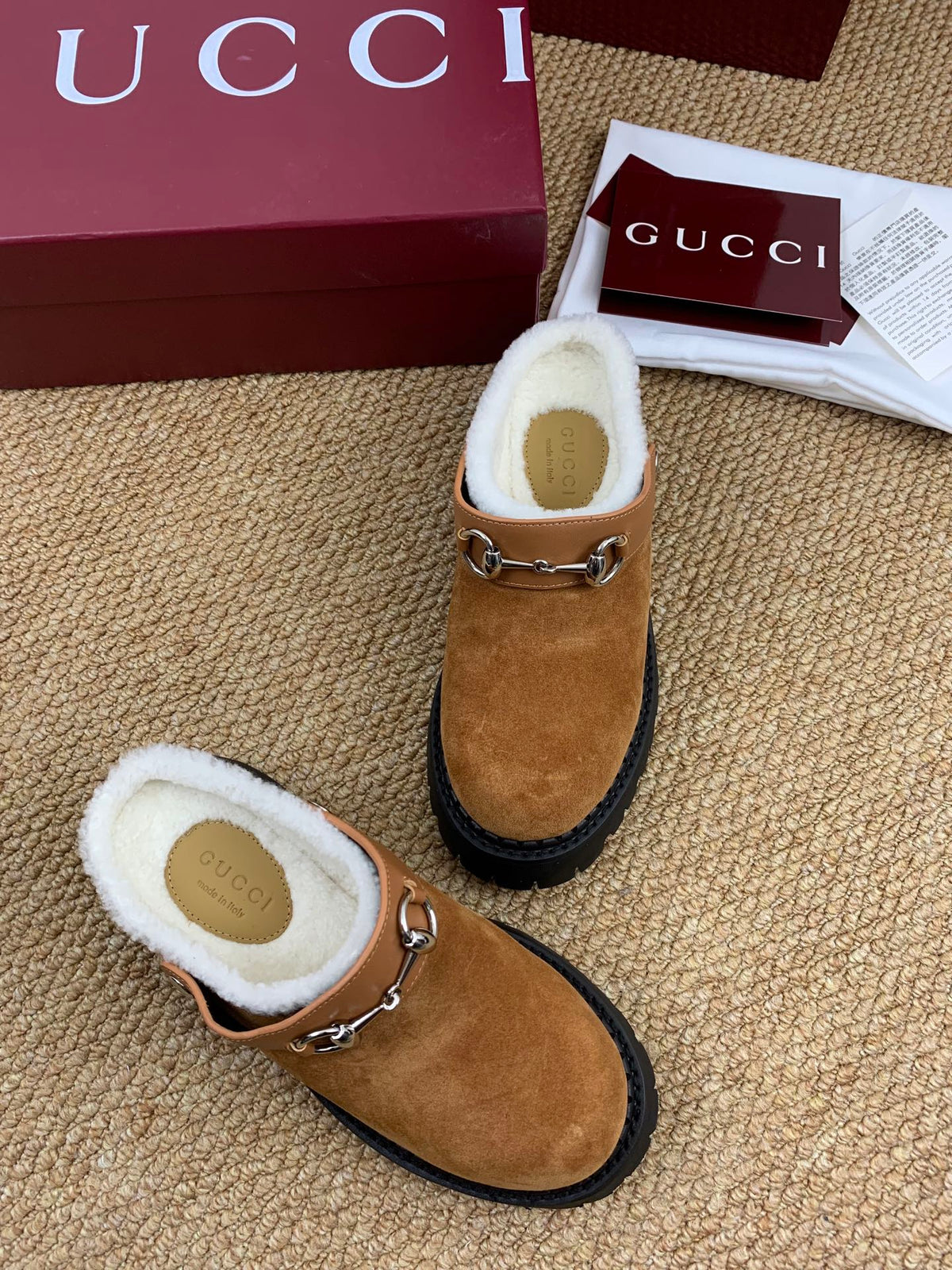 Gucci FW 25 Horsebit Suede Clog Camel  Suede with Shearling 506444
