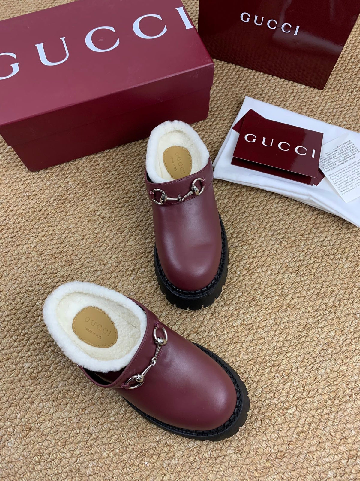 Gucci FW 25 Horsebit Suede Clog Deep Burgundy  Leather with Shearling 506442
